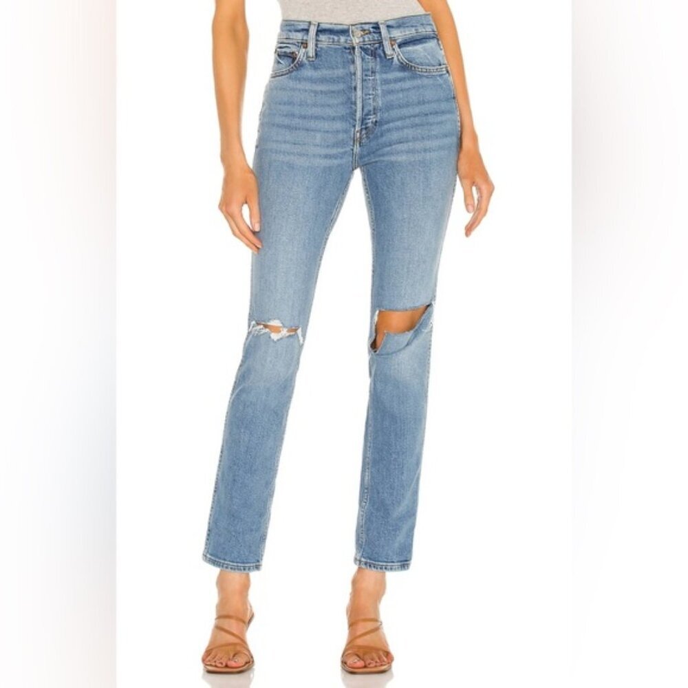 NWT RE/DONE 80s Slim Straight High Rise Jeans BriskBlue with Rips Size 29‎